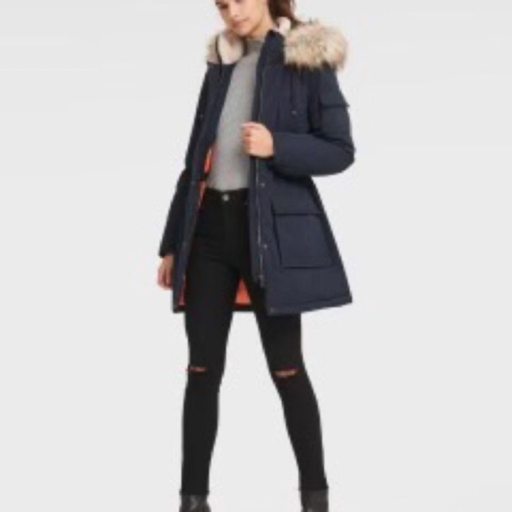Women's Navy Parka Coat with Faux Fur Trim